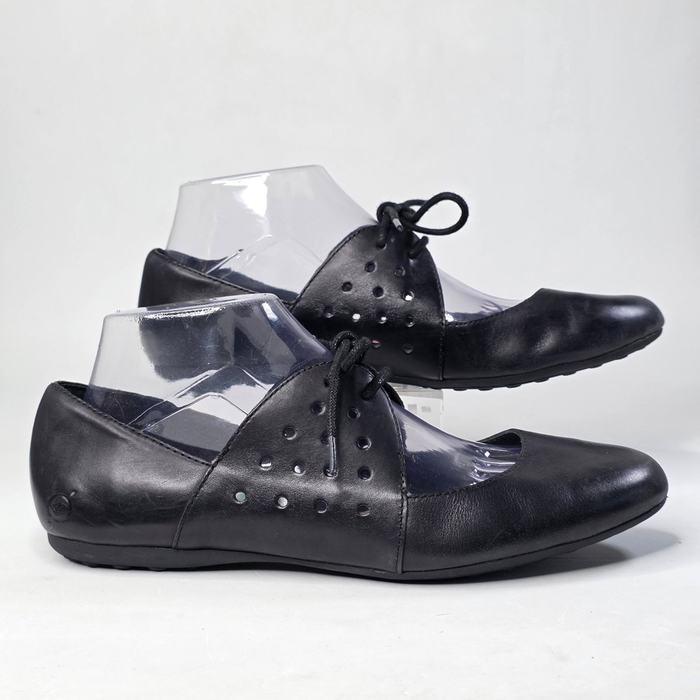 Born Ballets Womens Size 8 M Black Leather Lace Up Perforated Flats Shoes F14803